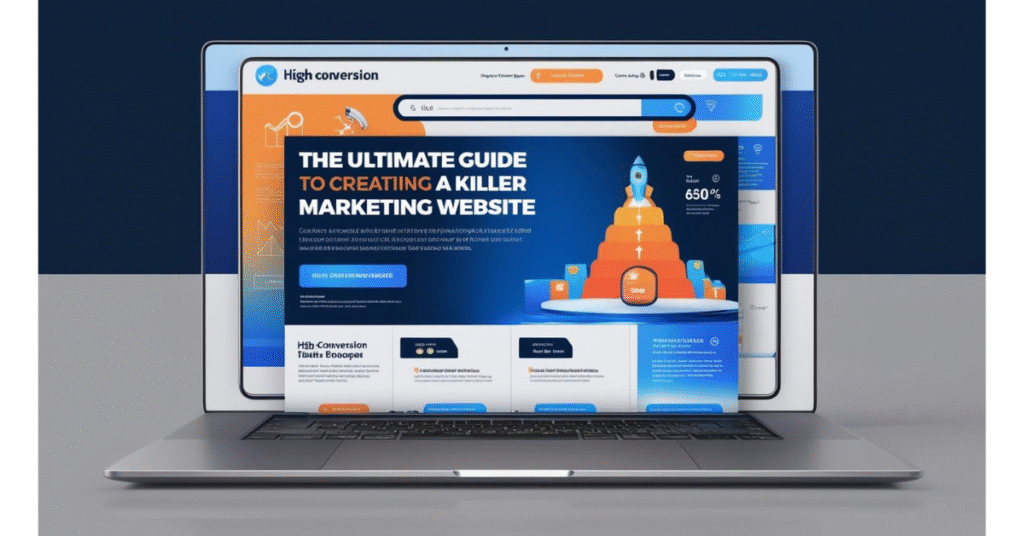 Illustration for 'The Ultimate Guide to Creating a Killer Marketing Website'—showing a laptop with a trending growth chart, design tools, and a checklist for website success.
