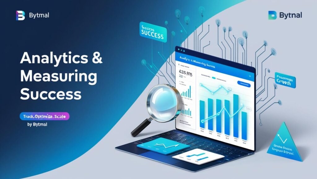 Dashboard-style infographic titled 'Analytics and Measuring Success' showing key digital marketing metrics. Features a laptop displaying charts (line graph for growth, pie chart for traffic sources, gauge for ROI), surrounded by icons for tools like Google Analytics and social media insights. Bytmal branding in bottom-right corner with blue/cyan color scheme.