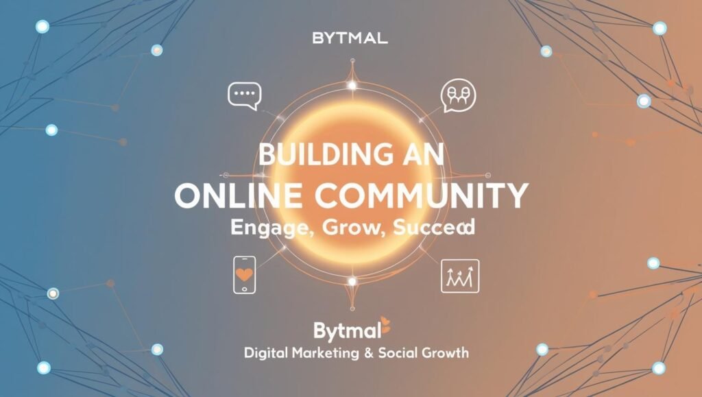 Illustrated header for Bytmal's blog post 'Building an Online Community: Engage, Grow, Succeed.' Features a vibrant network of interconnected nodes in blue and cyan (Bytmal's brand colors) with icons representing community growth: speech bubbles (engagement), a handshake (collaboration), a smartphone (social connection), and a rising chart (metrics). Text overlay with title and subtitle. Bytmal logo in bottom-right corner.