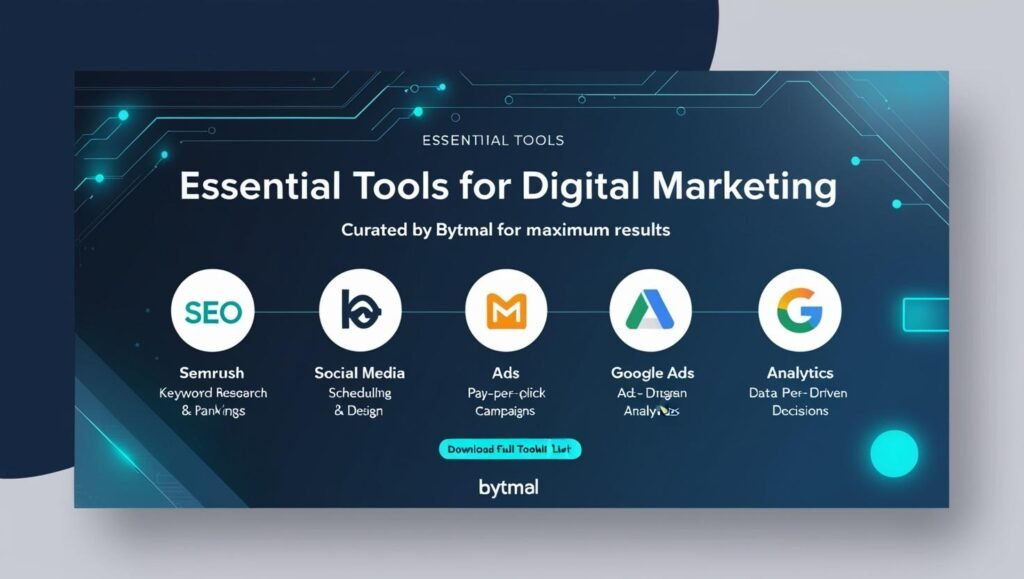 Infographic titled 'Essential Tools for Digital Marketing' featuring a toolbox with labeled icons for SEO (magnifying glass), social media (megaphone), analytics (dashboard), email (envelope), and content creation (pencil). Bytmal logo in bottom-right corner against a blue and cyan gradient tech-themed background.