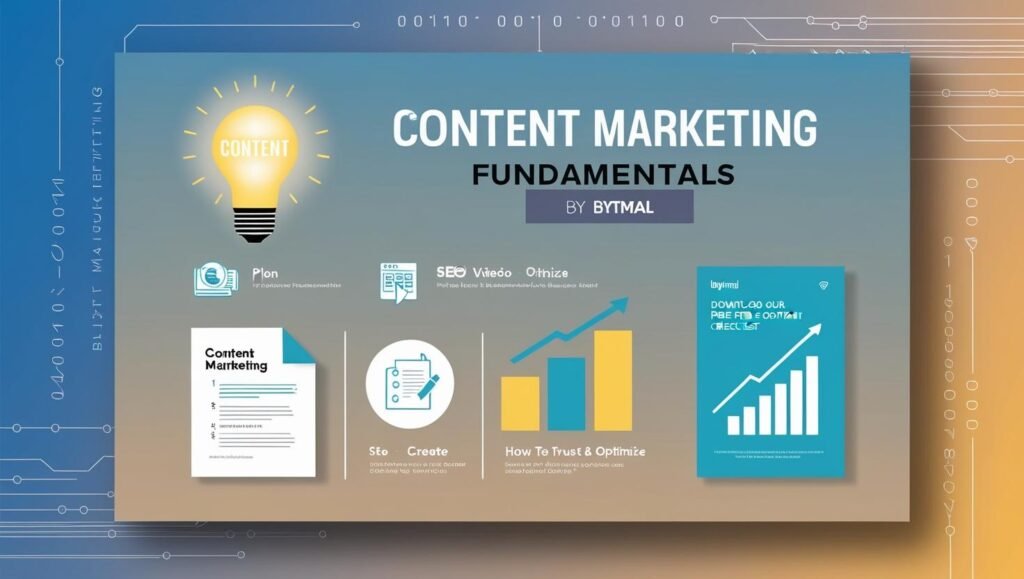 Illustrated infographic titled 'Content Marketing Fundamentals Beginner's Guide' featuring a lightbulb with 'Content' inside, surrounded by icons representing key elements: a pen (writing), magnifying glass (SEO), social media thumbs-up (engagement), and video play button (multimedia). Background shows a blue-to-cyan gradient with abstract digital circuit lines. Text highlights core principles: 'Plan, Create, Optimize.' Bytmal logo in bottom-right corner.