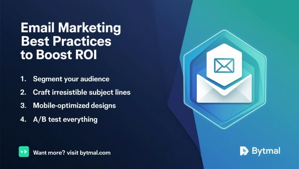 Modern tech-themed graphic titled 'Email Marketing Best Practices to Boost ROI.' Shows four key tips: 1) Segment Your Audience (📊 icon), 2) Irresistible Subject Lines (✏️ icon), 3) Mobile-Optimized Designs (📱 icon), and 4) A/B Test Everything (🔍 icon). Features a gradient blue-to-cyan background with abstract email symbols and the Bytmal logo.