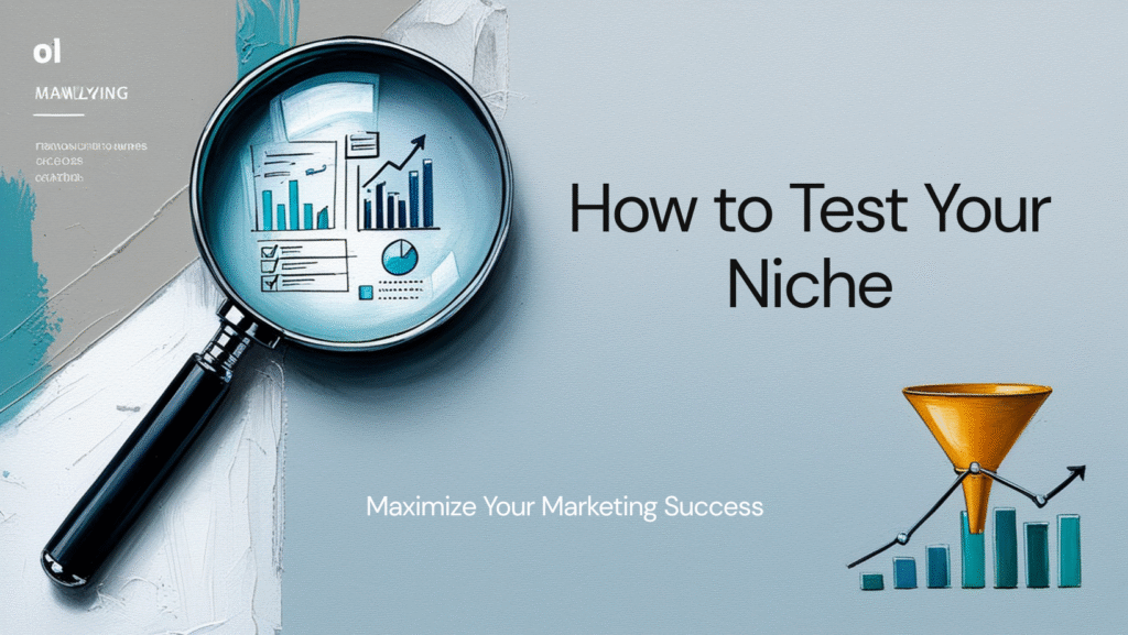 Magnifying glass analyzing market research data showing Google Trends graphs, keyword search volume, and social media engagement metrics for niche validation in digital marketing