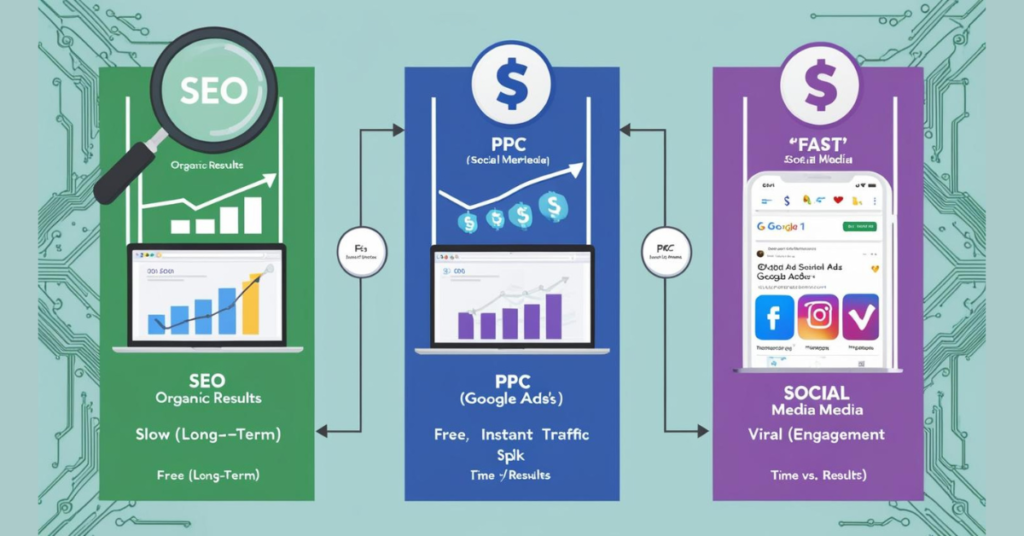 Comparison infographic of three digital marketing types: SEO (magnifying glass over search bar), PPC (Google Ads dollar sign), and Social Media (Facebook/TikTok icons). Arrows show pros/cons of each, with a flowchart to help choose the best strategy for business goals.