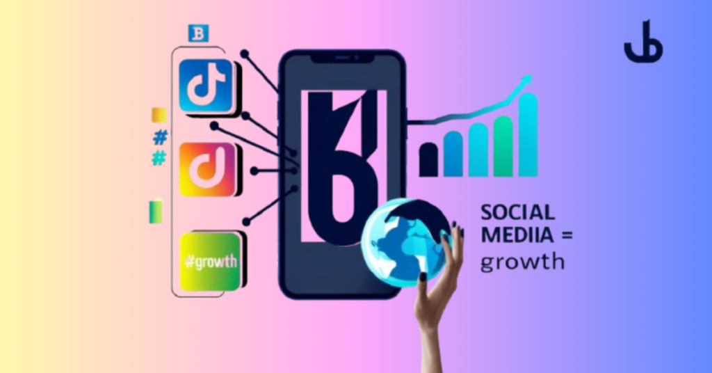 Smartphone with glowing social media app icons (Instagram, TikTok, LinkedIn) connected to a global network, symbolizing social media marketing's role in digital growth. Features Bytmal's signature blue and cyan color scheme with dynamic analytics graphs and engagement icons.