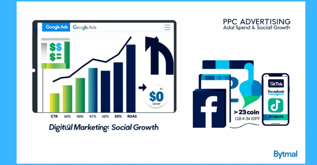Step-by-step PPC advertising visual guide showing campaign setup, performance tracking, and ROI conversion, styled with Bytmal's digital marketing brand identity.