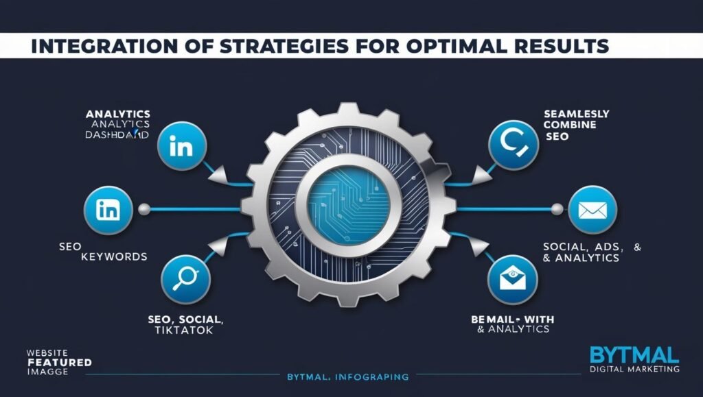 Visual representation of how Bytmal combines SEO, social media marketing, email automation, and data analytics into a unified strategy for maximum digital marketing performance. Blue and cyan interconnected nodes illustrate seamless integration.