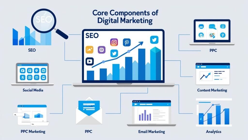 Illustrated hero banner showing a futuristic digital marketing business setup with a laptop displaying analytics, social media icons, trending graphs, and a city skyline with digital elements. Text reads 'Launch Your Digital Marketing Business in 2025'
