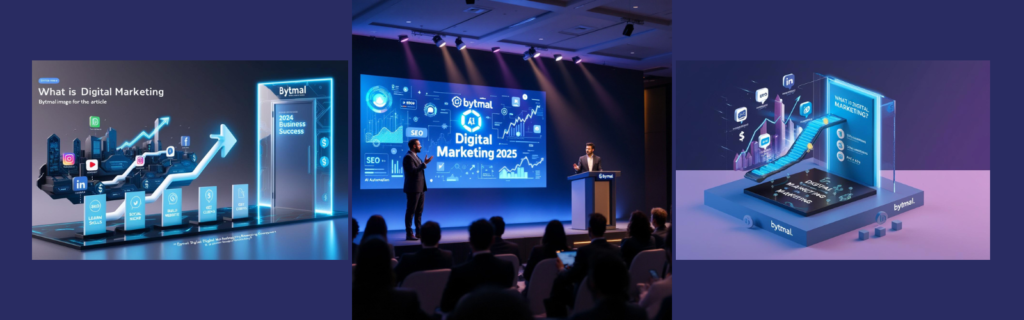 Illustrated hero banner showing a futuristic digital marketing business setup with a laptop displaying analytics, social media icons, trending graphs, and a city skyline with digital elements. Text reads 'Launch Your Digital Marketing Business in 2025'.