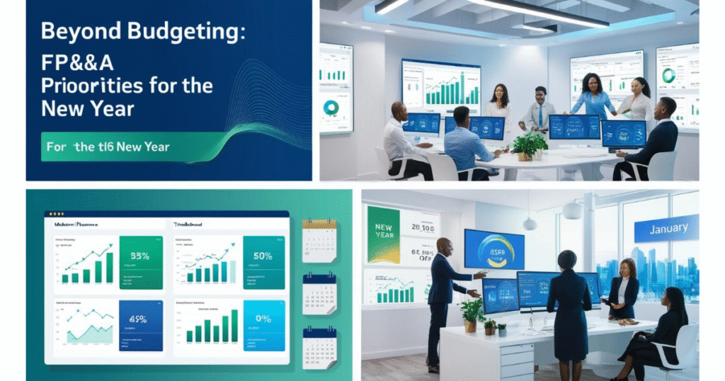 A modern FP&A team analyzes real-time financial dashboards and dynamic charts on a sleek digital screen, symbolizing agile budgeting and data-driven planning for the new year. The professional, high-tech workspace reflects innovation and collaborative strategy.
