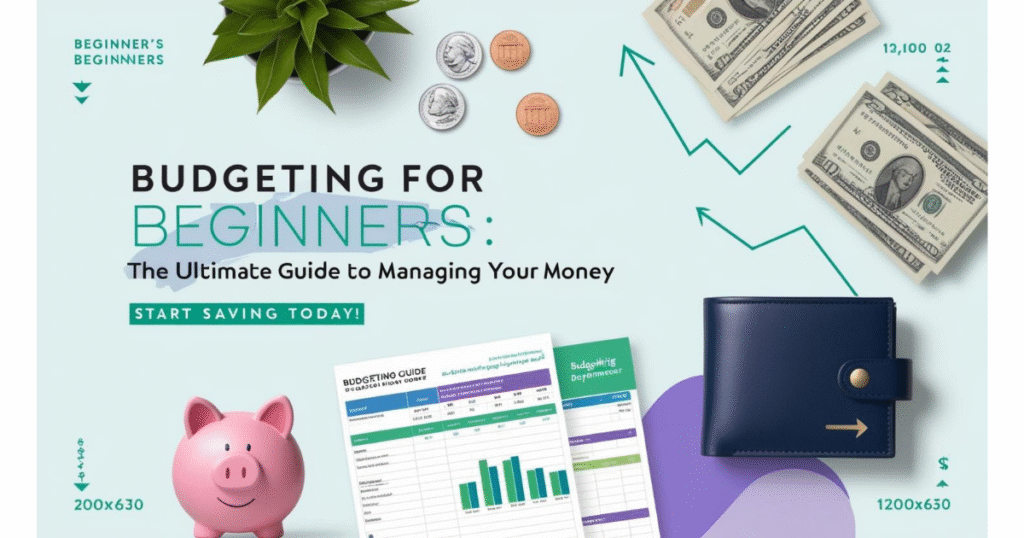 A beginner's guide to budgeting with a colorful graphic featuring a piggy bank, coins, and financial charts. Text reads: 'Budgeting for Beginners: The Ultimate Guide to Managing Your Money.' Designed to help new savers take control of their finances.