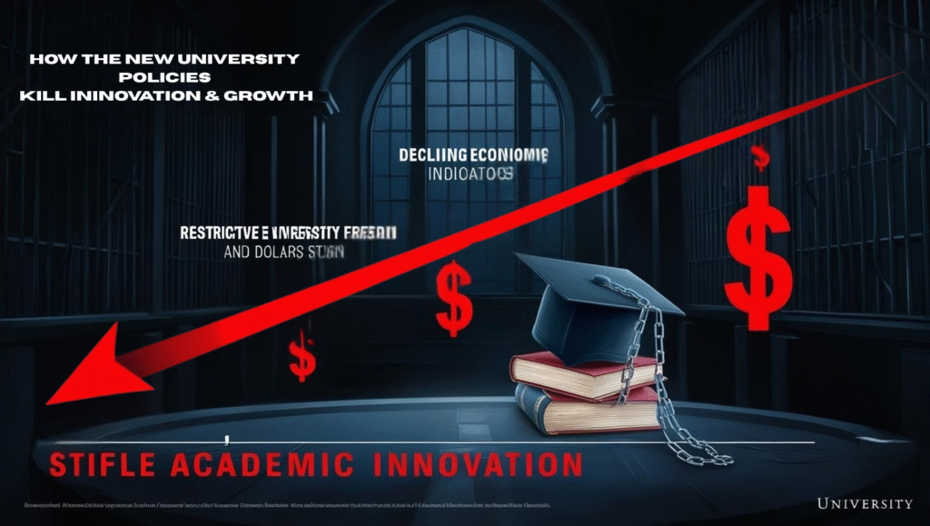 A downward-trending graph with red arrows shows declining innovation and economic growth, symbolizing how restrictive university policies stifle academic freedom. A locked book and a graduation cap in chains represent constrained education, while fading dollar signs highlight economic decline. Dark academic backdrop reinforces the theme of oppression.