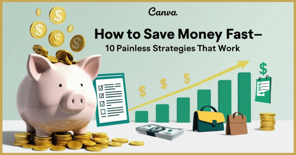 Illustration titled 'How to Save Money Fast—10 Painless Strategies That Work.' Shows a piggy bank with coins, a growth chart, and simple icons (e.g., wallet, calendar, shopping bag) representing money-saving tips. Bright, optimistic colors with clean text overlay.