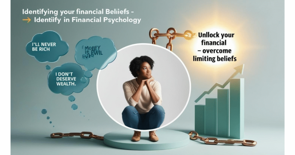 A person analyzing limiting beliefs about money, with thought bubbles showing phrases like 'I’ll never be rich' and a magnifying glass highlighting one belief. Broken chains and a bright light symbolize financial mindset transformation
