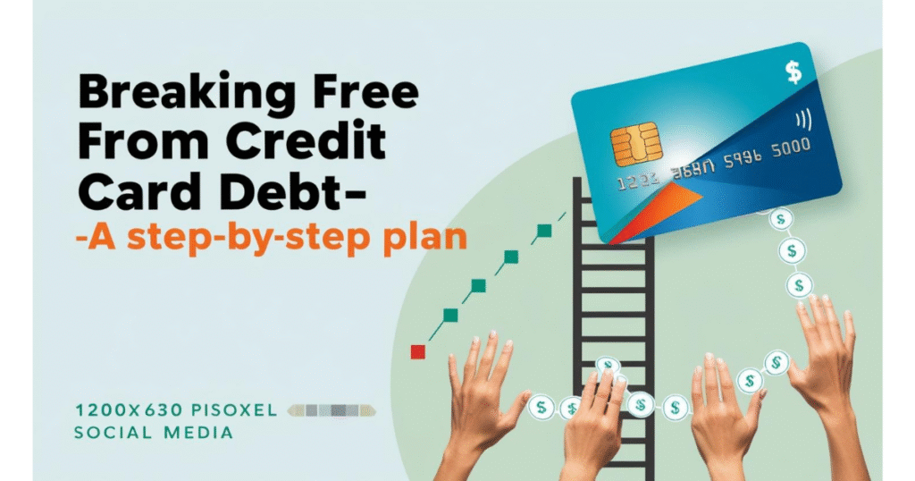 Illustration of a torn credit card with a roadmap showing steps to financial freedom. Text reads: ‘Breaking Free from Credit Card Debt—A Step-by-Step Plan.’ Blue and green background with progress icons, symbolizing hope and action.