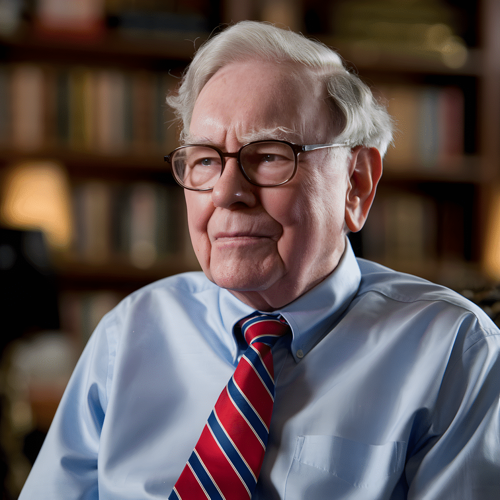 Warren Buffett smiling in a suit, standing in a professional office with bookshelves and financial charts. Subtle Berkshire Hathaway branding and a Coca-Cola bottle hint at his investments. Warm, professional illustration. Image by Paul ( PWLPL) from Pixabay