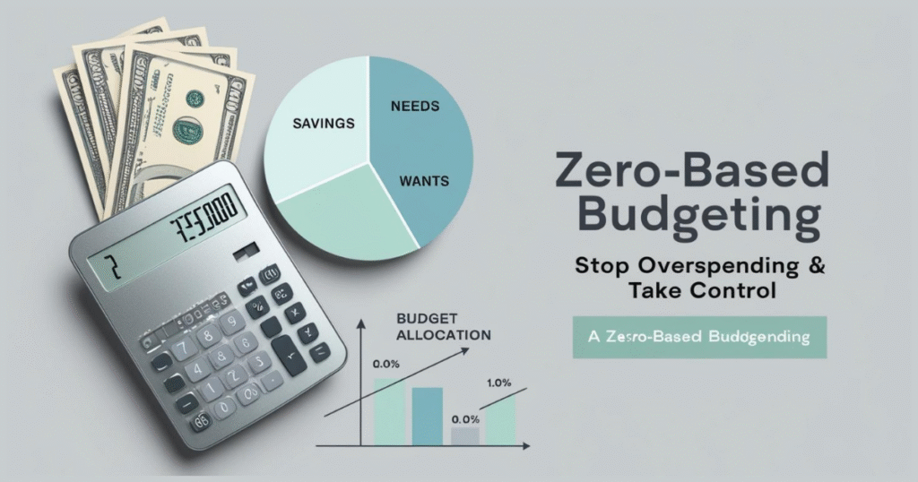 Illustration of zero-based budgeting concept showing a person organizing finances with a pie chart, calculator, and dollar bills. Text reads: 'Zero-Based Budgeting - Stop Overspending & Take Control.'