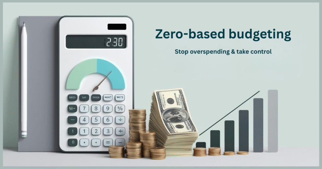 Illustration of zero-based budgeting process: A step-by-step flowchart showing income allocation, expense tracking, and savings goals to achieve financial control. Includes icons for money, calculator, and budget categories like housing, food, and savings.