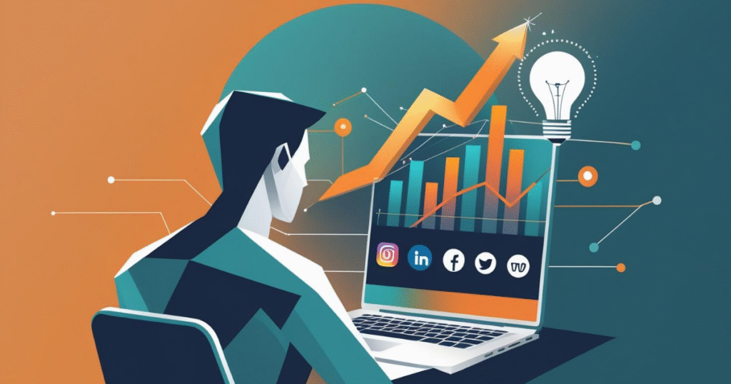 A modern graphic showing a laptop with social media icons (Facebook, Instagram, LinkedIn) and an upward growth arrow, representing online presence building. Text reads 'Building Your Online Presence & Platform' on a gradient blue-purple background.