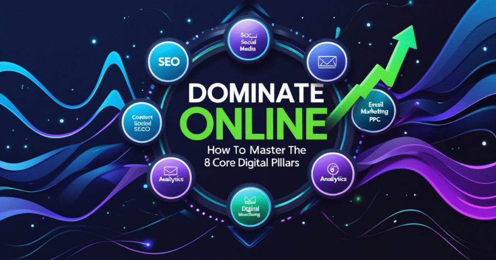 eatured image for ‘Dominate Online: Master the 8 Core Digital Pillars’—showing a futuristic digital marketing concept with icons for SEO, social media, content, email, PPC, analytics, automation, and branding. Professional design with a dark tech-themed background, glowing accents, and bold typography.
