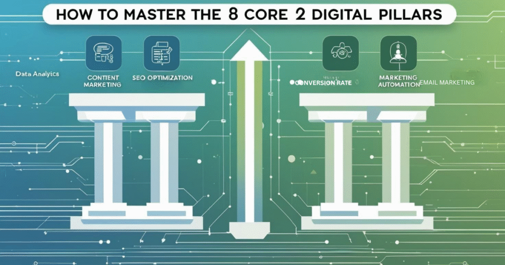 Featured image titled 'How to Master the 8 Core Digital Pillars' listing the key pillars in two columns: Content Marketing, SEO Optimization, Email Marketing, Conversion Rate, Data Analytics, Social Media, Paid Advertising, and Marketing Automation. Digital-themed background with abstract tech elements.
