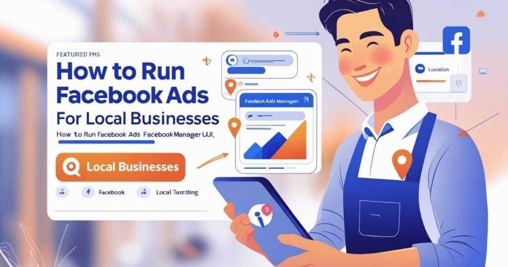 Guide on running Facebook Ads for local businesses, showing a digital marketing dashboard, storefront, and strategy icons with a blue and white theme.