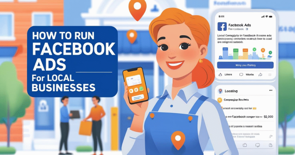 Guide on running Facebook Ads for local businesses, showing a digital marketing dashboard, storefront, and strategy icons with a blue and white theme.