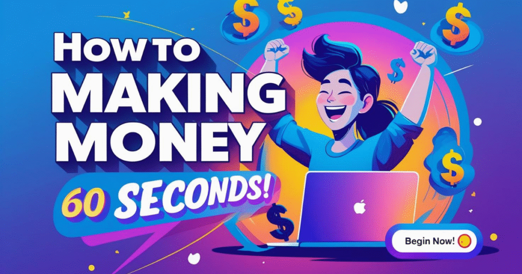 Person holding cash while clicking a laptop with a ‘60-second’ timer, text: ‘How to Start Making Money Online Fast!’ Blue and purple gradient background with digital icons.