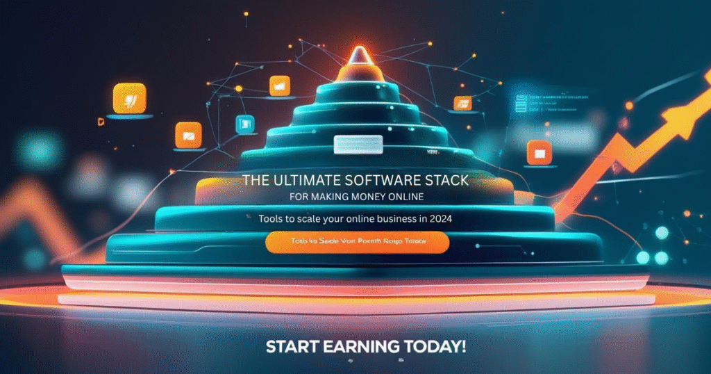 Illustration of the ultimate software stack for making money online, featuring tools like CRM, email marketing, SEO, and payment apps. Modern gradient background with glowing tech elements.