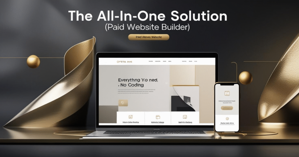 MacBook and iPhone displaying a premium Squarespace website template with badges for features like drag-and-drop editing. Text: 'The All-in-One Solution (Paid Option): Squarespace.