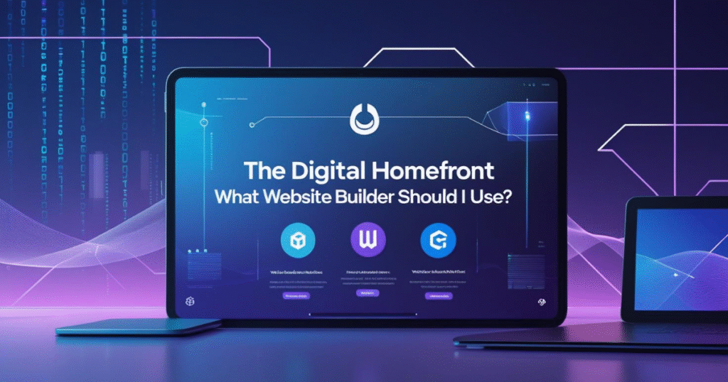 Comparison of popular website builders (Wix, Squarespace, WordPress, Shopify) on a futuristic digital background, with the title 'The Digital Homefront: What Website Builder Should I Use?' in bold text. Abstract tech elements like gradients, UI wireframes, and binary code accents highlight website design tools.