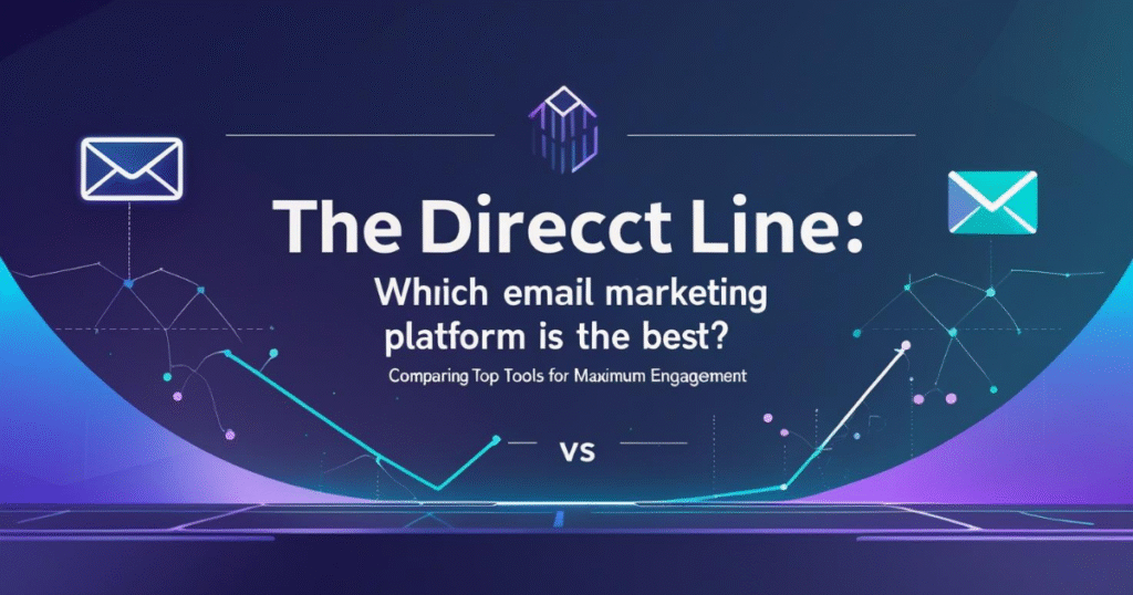 Comparison of top email marketing platforms like Mailchimp, Constant Contact, and HubSpot, with a modern digital design featuring an email icon, analytics graph, and bold text: 'The Direct Line: Which Email Marketing Platform is the Best?