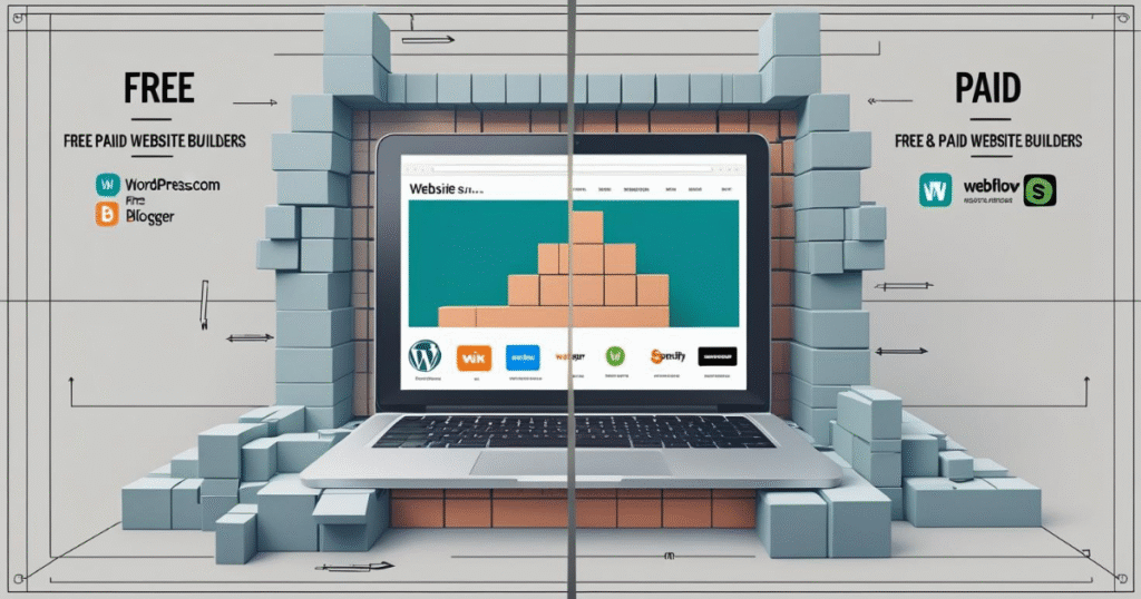 Split-screen comparison of free vs. paid website builders like WordPress and Webflow, with a laptop showing a website under construction. Text: 'The Foundation — Free & Paid Website Builders.'