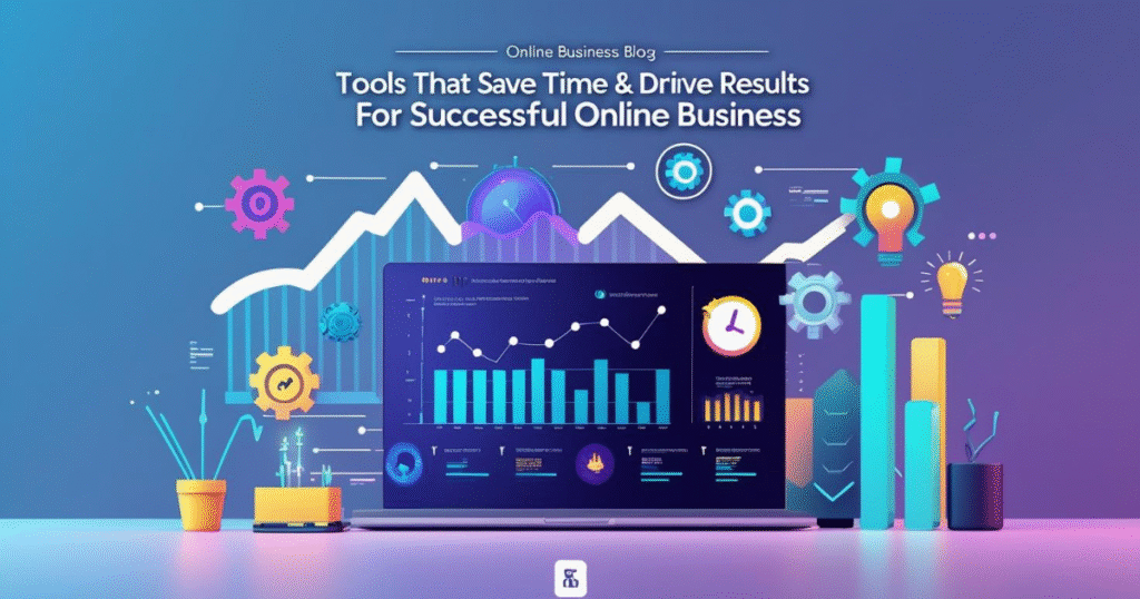 Modern digital tools for online business success, including automation, analytics, and time-saving apps, on a sleek gradient background.